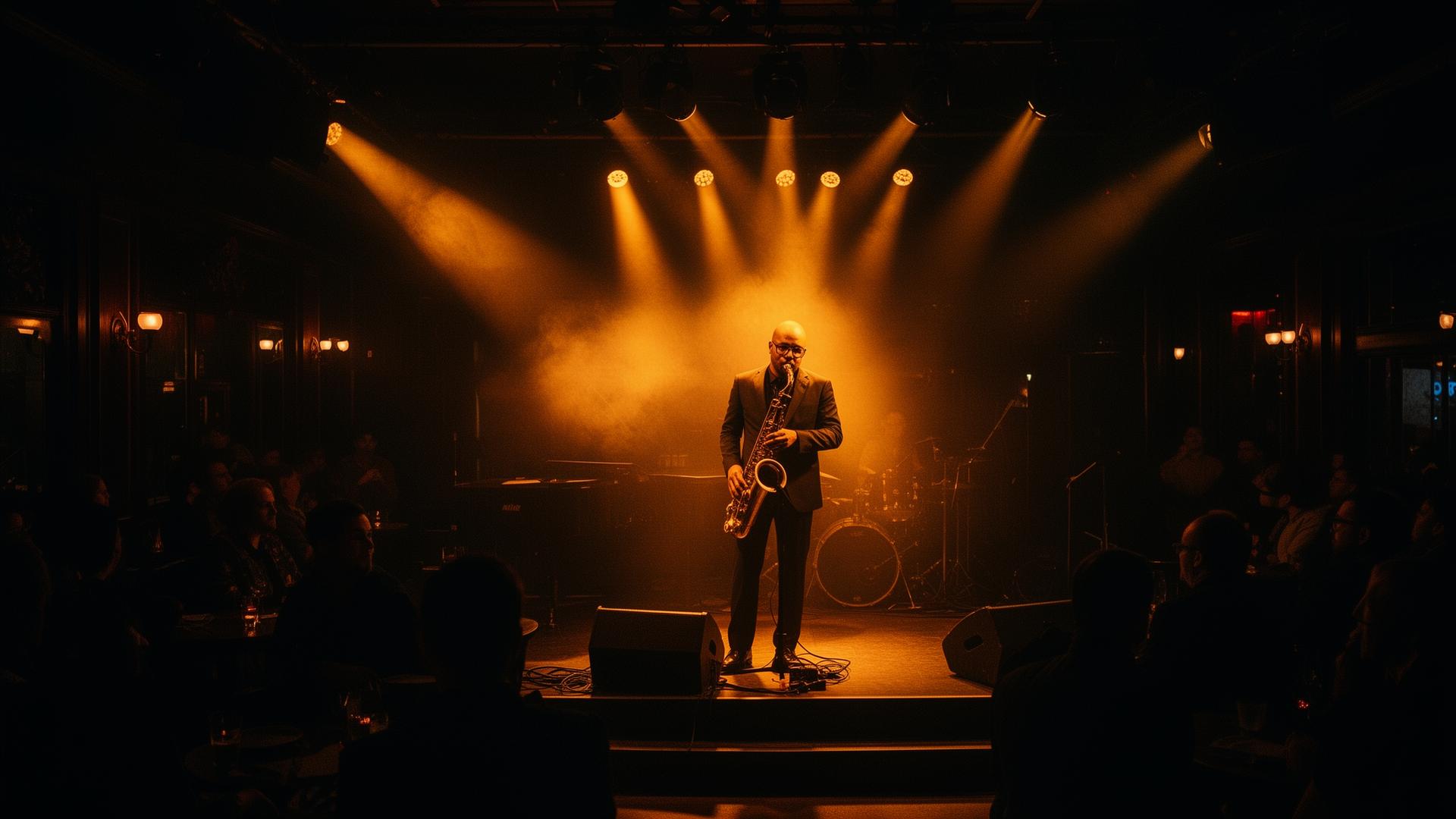 Saxophonist on a warmly lit jazz club stage